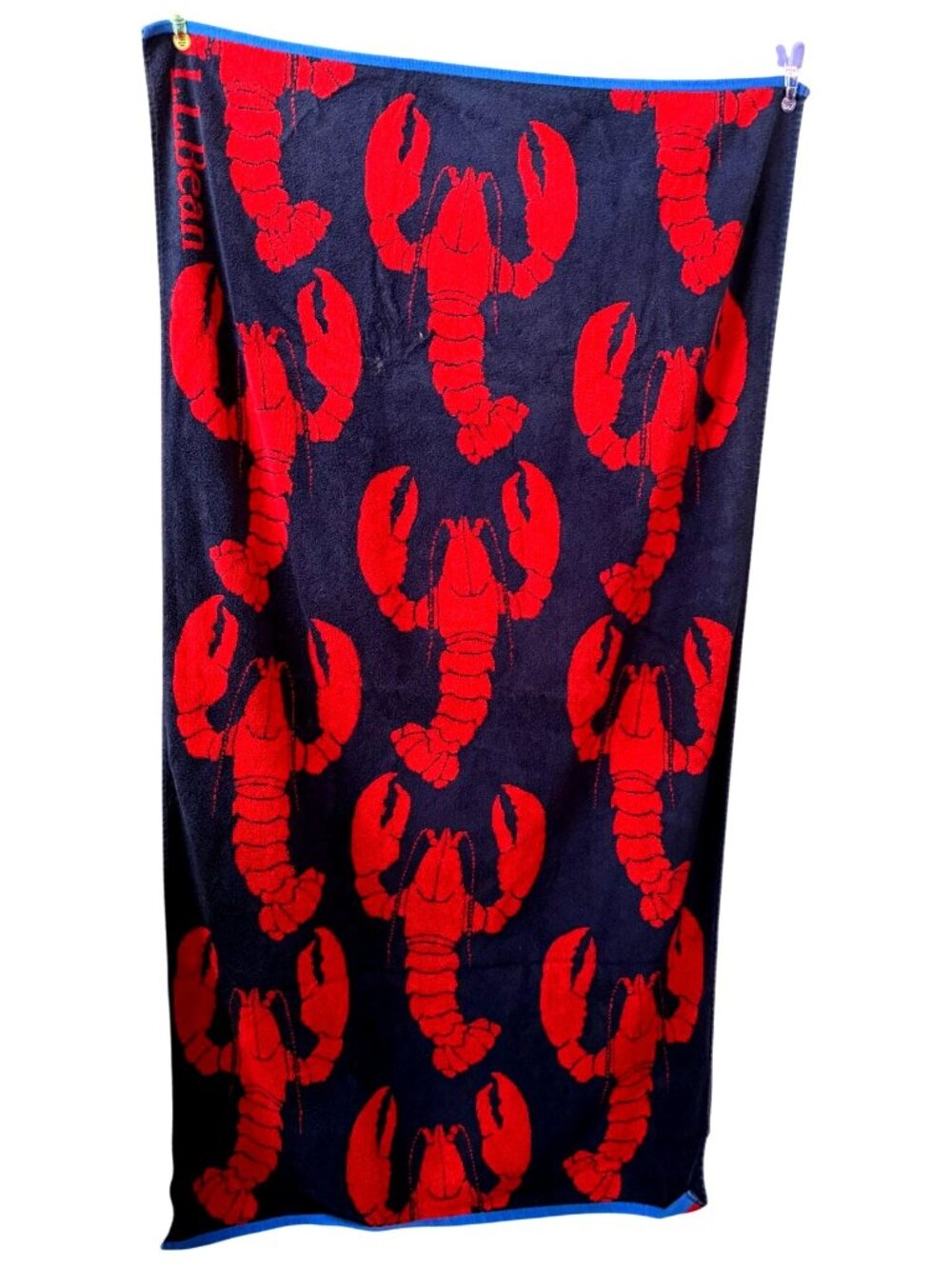 L.L.Bean BIG Seaside Beach Towel Lobster Print Navy Blue Red Cotton 62 x 34"